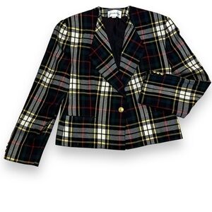 Vintage JH Collectibles Tartan Plaid Blazer Cropped One Button Preppy Wool SZ 12